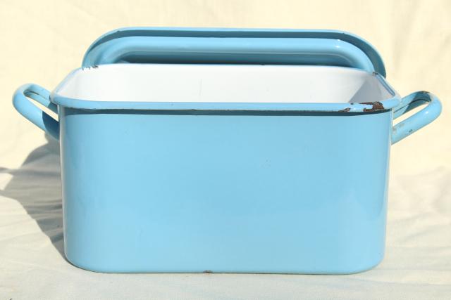 photo of vintage enamelware breadbox french blue enamel metal bread bin box w/ lid #5