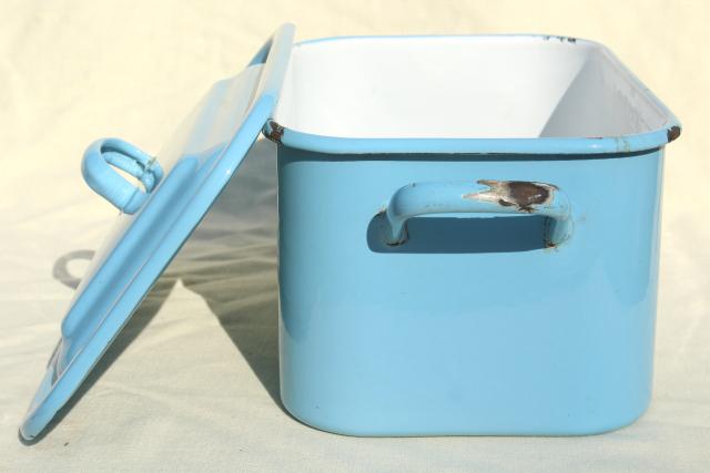 photo of vintage enamelware breadbox french blue enamel metal bread bin box w/ lid #6