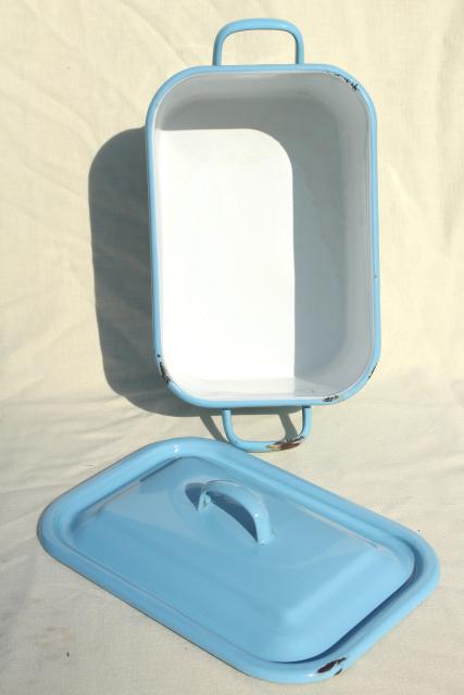 photo of vintage enamelware breadbox french blue enamel metal bread bin box w/ lid #7