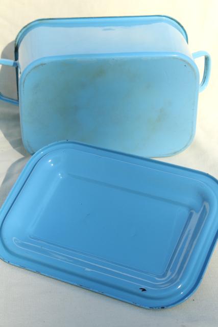 photo of vintage enamelware breadbox french blue enamel metal bread bin box w/ lid #9