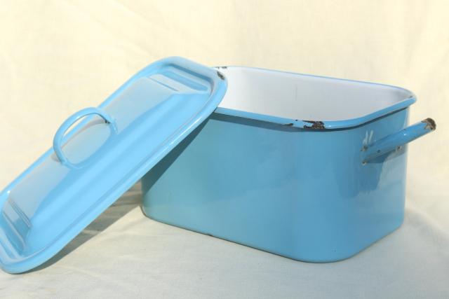 photo of vintage enamelware breadbox french blue enamel metal bread bin box w/ lid #10