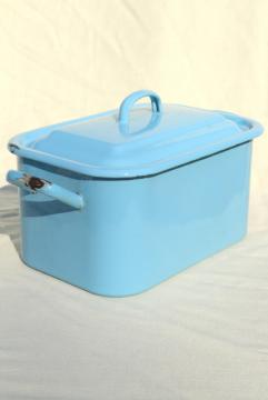 catalog photo of vintage enamelware breadbox french blue enamel metal bread bin box w/ lid