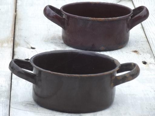photo of vintage enamelware camp cookware lot, brown graniteware enamel pots & pans #2