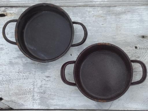 photo of vintage enamelware camp cookware lot, brown graniteware enamel pots & pans #3