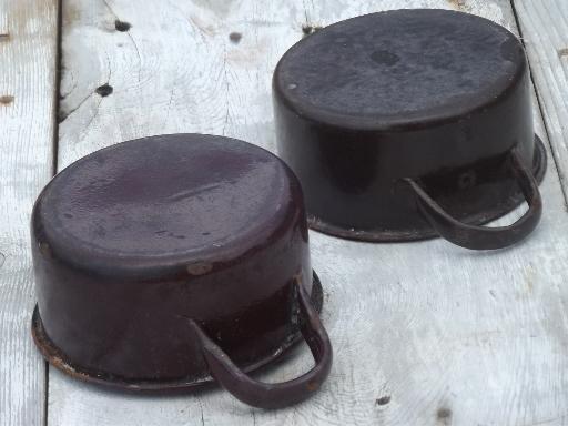 photo of vintage enamelware camp cookware lot, brown graniteware enamel pots & pans #4