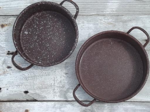 photo of vintage enamelware camp cookware lot, brown graniteware enamel pots & pans #6
