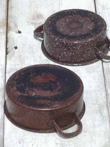 photo of vintage enamelware camp cookware lot, brown graniteware enamel pots & pans #7