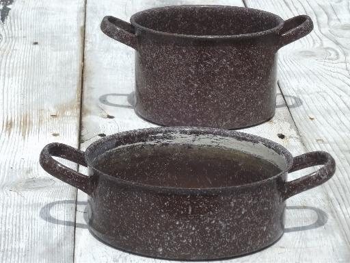 photo of vintage enamelware camp cookware lot, brown graniteware enamel pots & pans #8