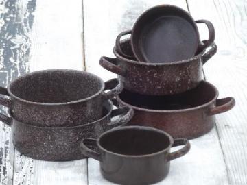 catalog photo of vintage enamelware camp cookware lot, brown graniteware enamel pots & pans