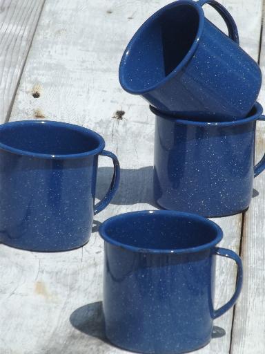 photo of vintage enamelware camp cups, blue & white spatter graniteware coffee mugs #1