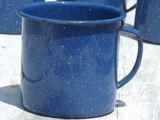 photo of vintage enamelware camp cups, blue & white spatter graniteware coffee mugs #2