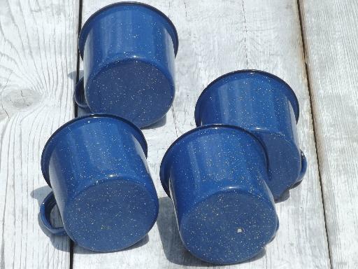 photo of vintage enamelware camp cups, blue & white spatter graniteware coffee mugs #4