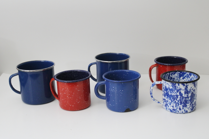 photo of vintage enamelware camp cups, lot of metal mugs in red, white & blue spatterware splatterware #1