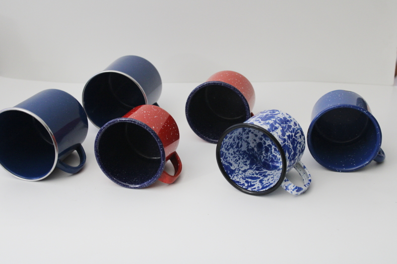 photo of vintage enamelware camp cups, lot of metal mugs in red, white & blue spatterware splatterware #3