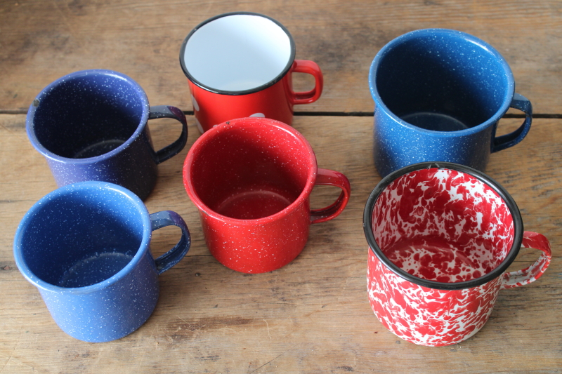 photo of vintage enamelware camp mugs, mismatched set blue graniteware, red & white splatterware  #2