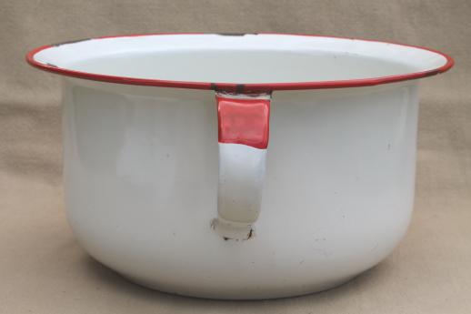 photo of vintage enamelware chamber pot, white & red enamel camp / cabin potty #2