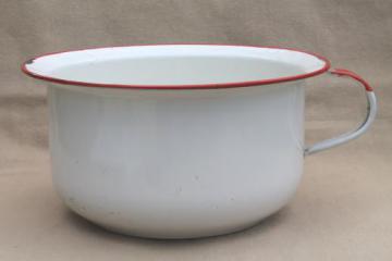 catalog photo of vintage enamelware chamber pot, white & red enamel camp / cabin potty