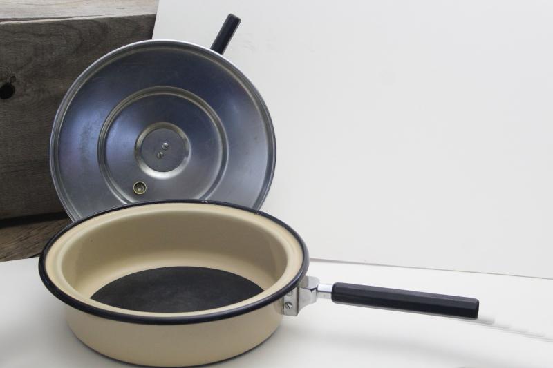 photo of vintage enamelware clad frying pan w/ steam vent lid, fryer for the best fried chicken #6