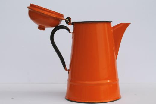 photo of vintage enamelware coffee pot, big orange enamel coffeepot, 60s 70s retro #3