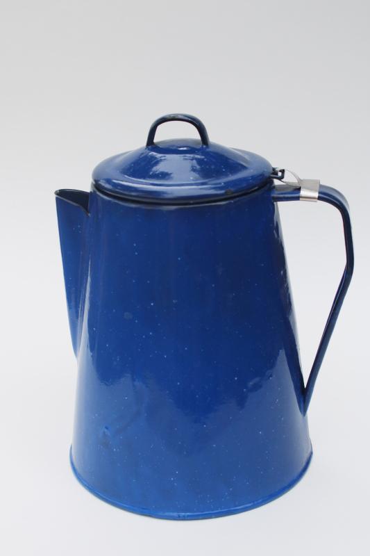 photo of vintage enamelware coffee pot, blue & white graniteware camp fire or wood stove #1