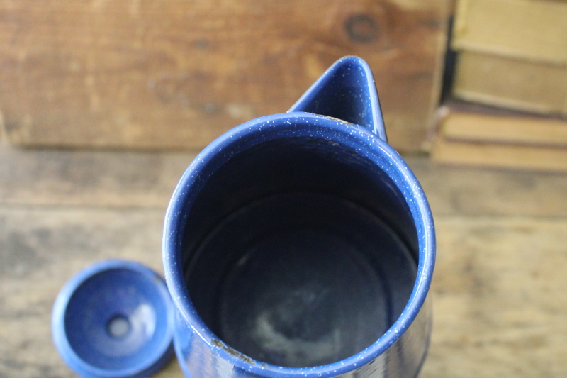 photo of vintage enamelware coffee pot, blue & white graniteware camp fire or wood stove cookware #5