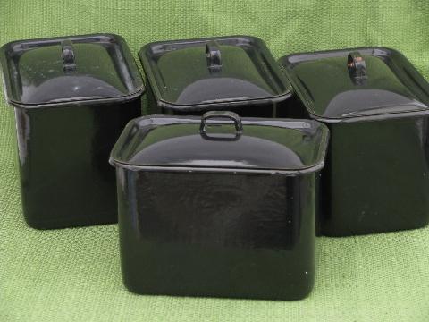 photo of vintage enamelware dishes w/ lids, roaster oven to fridge boxes #1