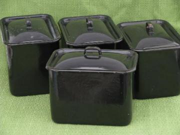 catalog photo of vintage enamelware dishes w/ lids, roaster oven to fridge boxes