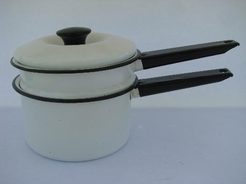 photo of vintage enamelware double-boiler, white / black band enamel bain marie #1