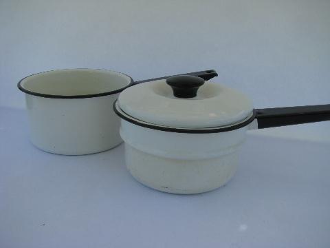 photo of vintage enamelware double-boiler, white / black band enamel bain marie #2