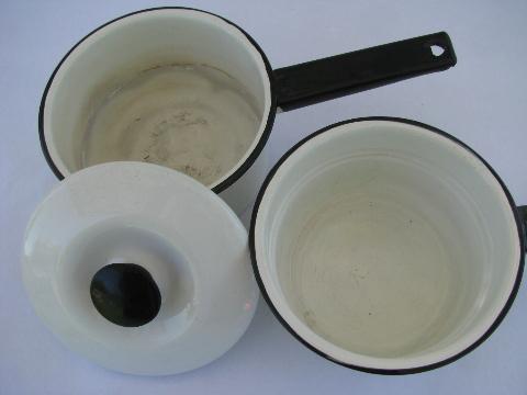 photo of vintage enamelware double-boiler, white / black band enamel bain marie #3