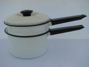 catalog photo of vintage enamelware double-boiler, white / black band enamel bain marie