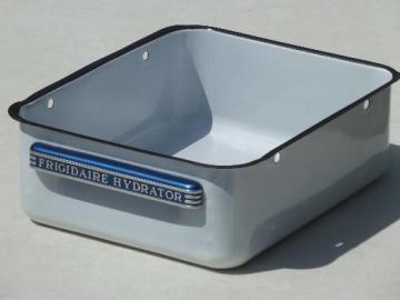 catalog photo of vintage enamelware kitchen bin, old Frigidaire refrigerator storage box