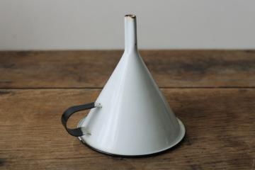 catalog photo of vintage enamelware kitchen funnel w/ narrow neck for filling bottles, white enamel w/ black trim 