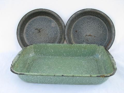 photo of vintage enamelware lot, old green speckled baking pan, antique pie plates #1