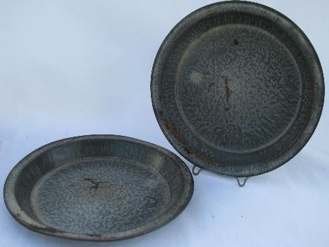 photo of vintage enamelware lot, old green speckled baking pan, antique pie plates #2