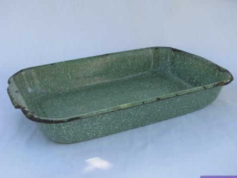 photo of vintage enamelware lot, old green speckled baking pan, antique pie plates #4