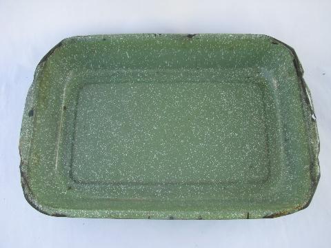 photo of vintage enamelware lot, old green speckled baking pan, antique pie plates #5