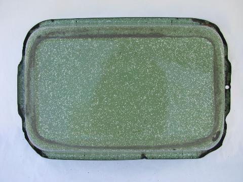 photo of vintage enamelware lot, old green speckled baking pan, antique pie plates #6