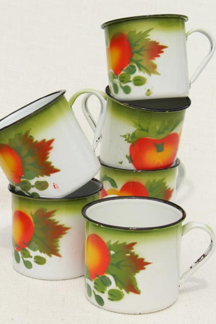 photo of vintage enamelware mugs or camp kitchen cups, bright colored fruit & white enamel #1