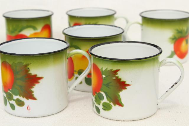 photo of vintage enamelware mugs or camp kitchen cups, bright colored fruit & white enamel #2