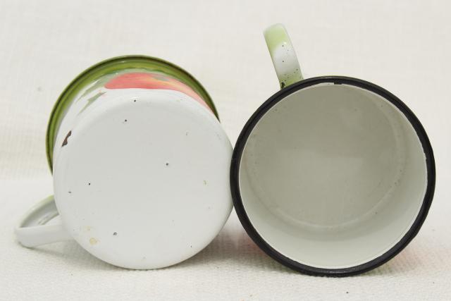 photo of vintage enamelware mugs or camp kitchen cups, bright colored fruit & white enamel #5