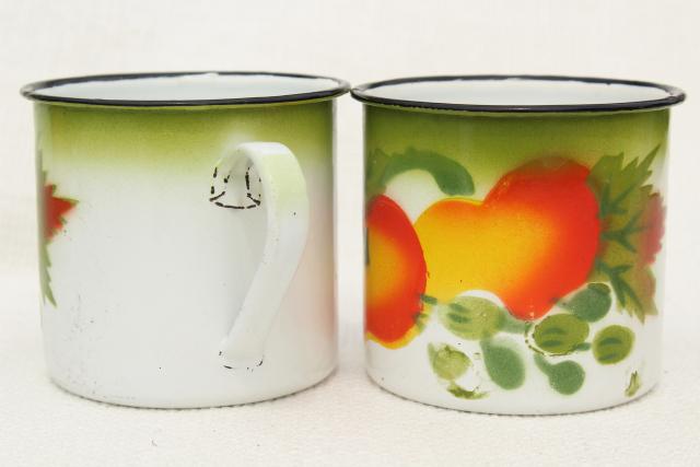 photo of vintage enamelware mugs or camp kitchen cups, bright colored fruit & white enamel #6