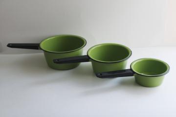 vintage enamelware pans, nesting saucepan set deep green enamel w/ black handles & trim 