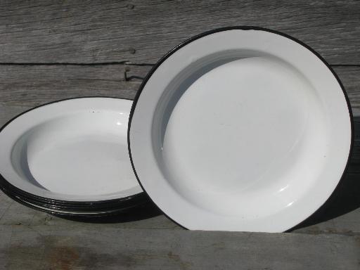 photo of vintage enamelware plates set of 6, white w/ black band graniteware #2