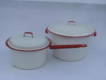 catalog photo of vintage enamelware pots & pans lot, white w/ red band stockpot, big saucepan