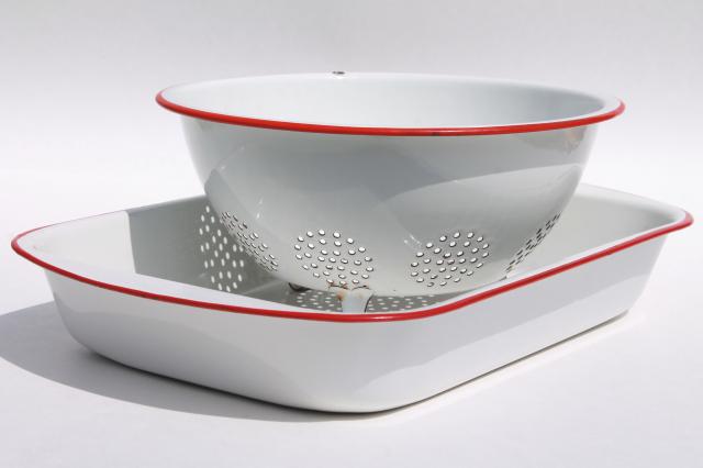 photo of vintage enamelware, red trim white enamel colander strainer bowl & roasting pan #1