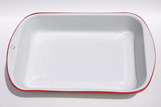 photo of vintage enamelware, red trim white enamel colander strainer bowl & roasting pan #2