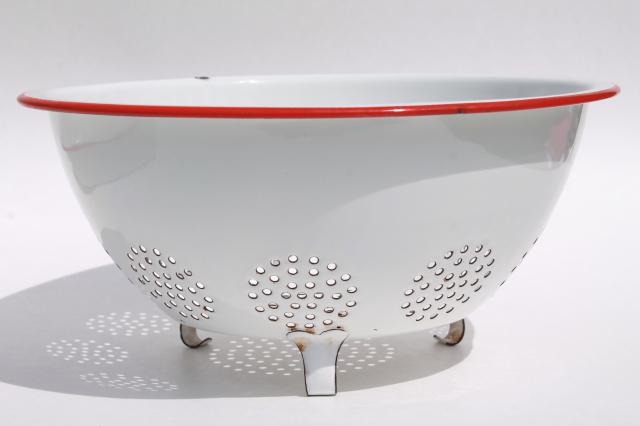 photo of vintage enamelware, red trim white enamel colander strainer bowl & roasting pan #5