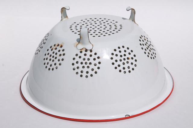 photo of vintage enamelware, red trim white enamel colander strainer bowl & roasting pan #7