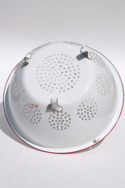 photo of vintage enamelware, red trim white enamel colander strainer bowl & roasting pan #8